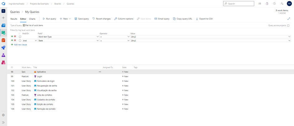 Tela com o resultado da query para consultar todos os work items